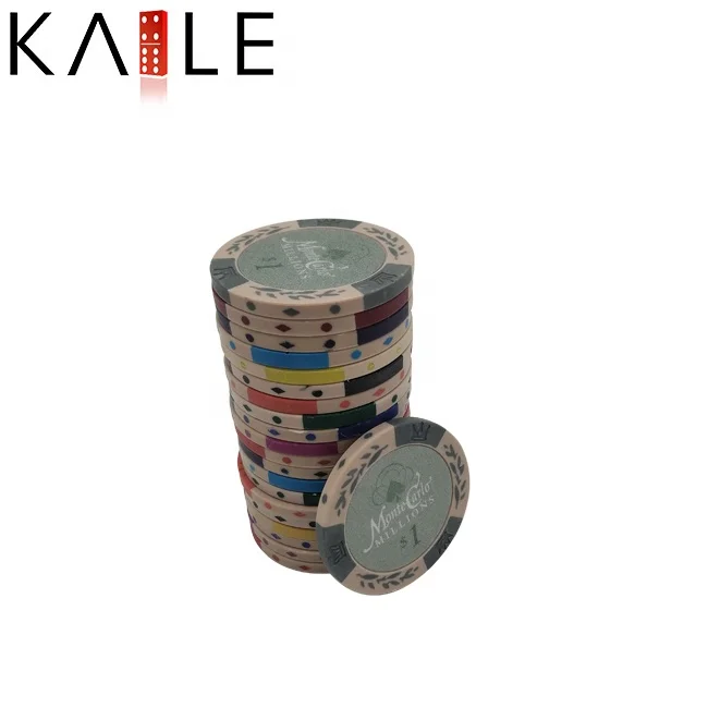 14g two tone clay poker chips monto carlo with unique factory custom colorful denominations stickers for gambling accessaries