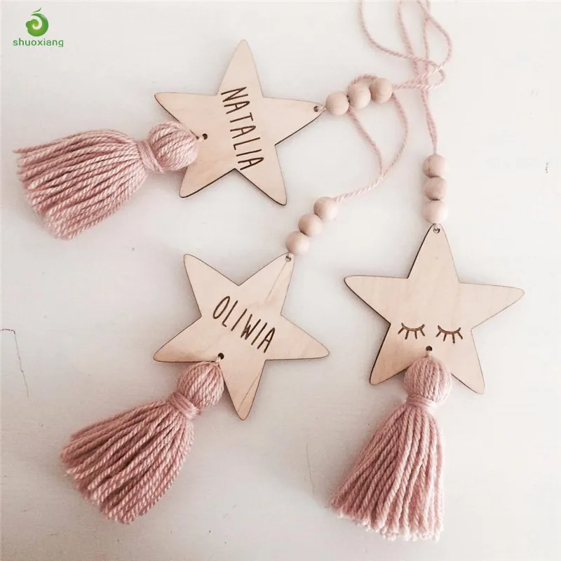
Custom Nordic Wood Star Tassels Ornaments Wooden Beads String Tassels Wall Hanging Baby Nursery Room Decor Cot Crib Stroller 