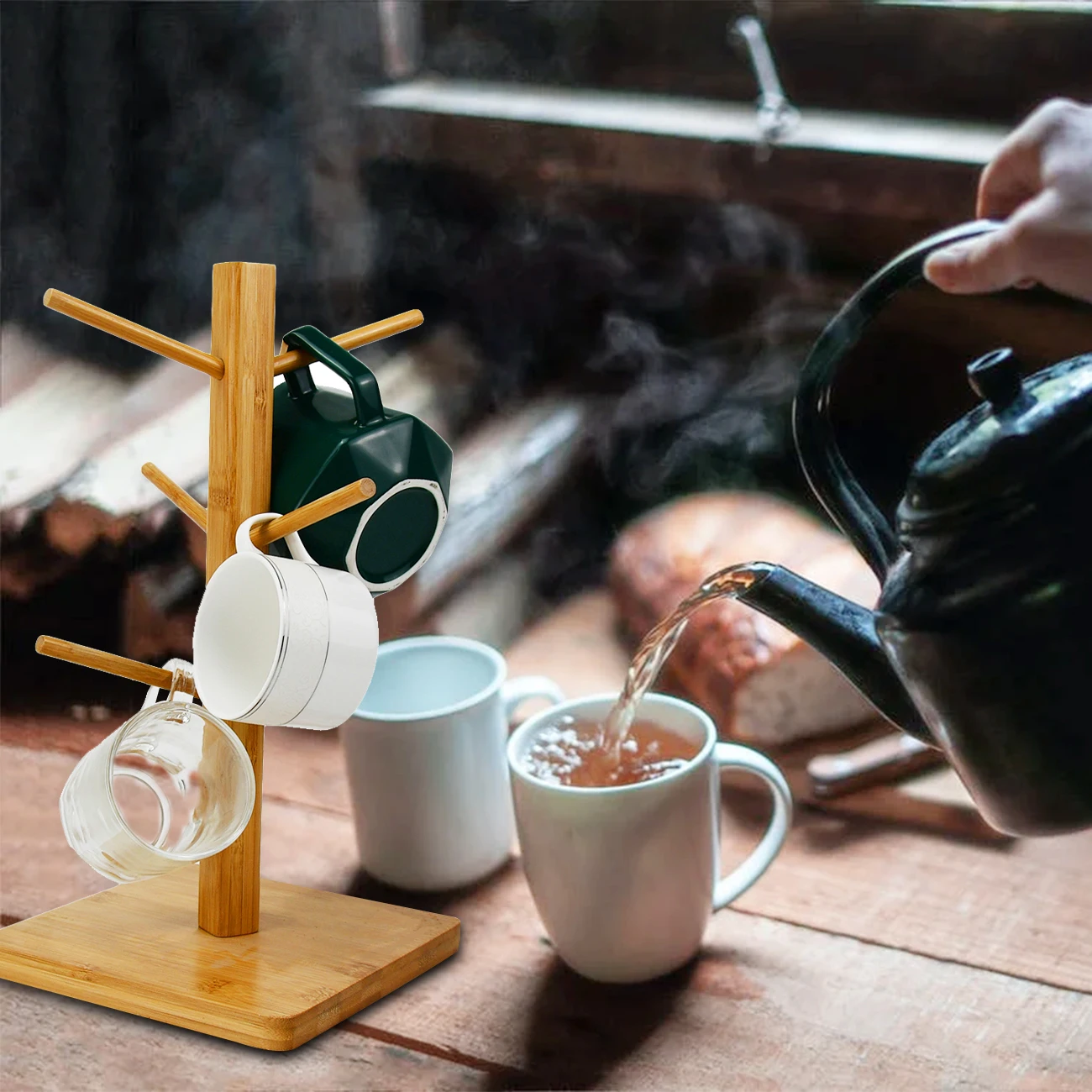 Home kitchen tree shape elegant sublimation wooden bamboo coffee mug holder with tea bag holder