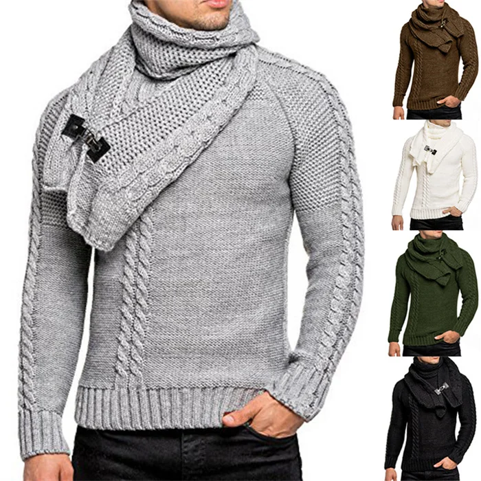 Hot Sale Winter Long Sleeve Twist Flowers Scarf Outdoor Outfit Clothing Trendy Slim-fit Round Neck Sweaters For Men