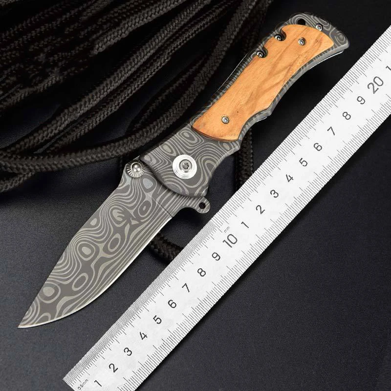 Olive Wood Handle Knife Pocket Damascus Laser Engraved Knife Pocket  Custom Outdoor Hunting Camping Survival Folding Knife