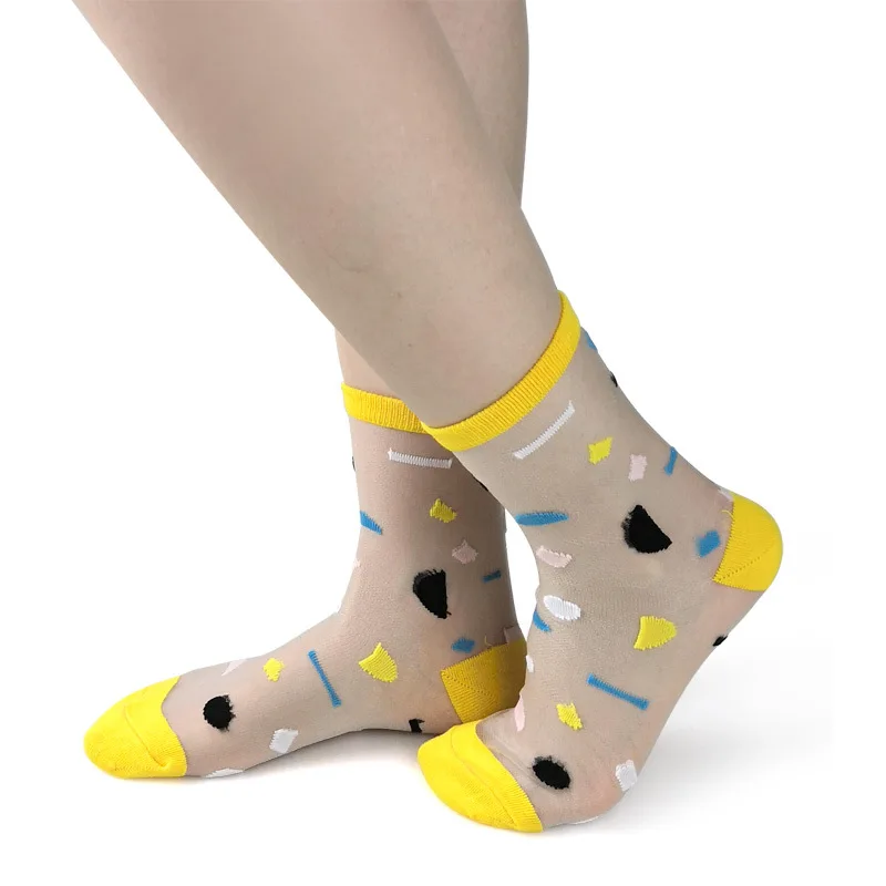Women Summer Nylon Sheer Silk Colored Socks Women Crystal Silk Thin Transparent Fashion Sheer Mesh Crew Socks