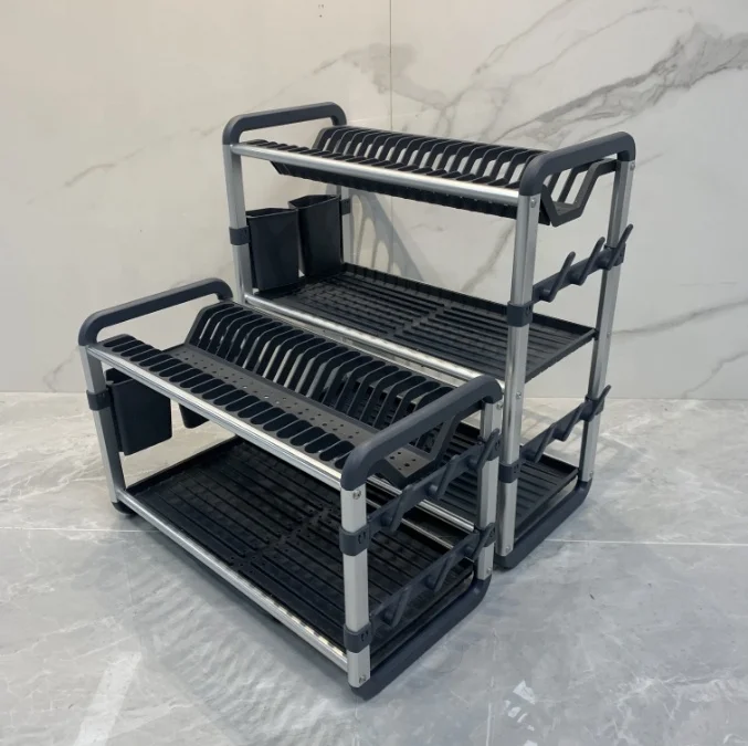 Storage Holder Dish Drying Rack Kitchen Organizer Drain Bowl Plate Rack 2 Tier Aluminum Dish Drainer Rack with Cup Holder