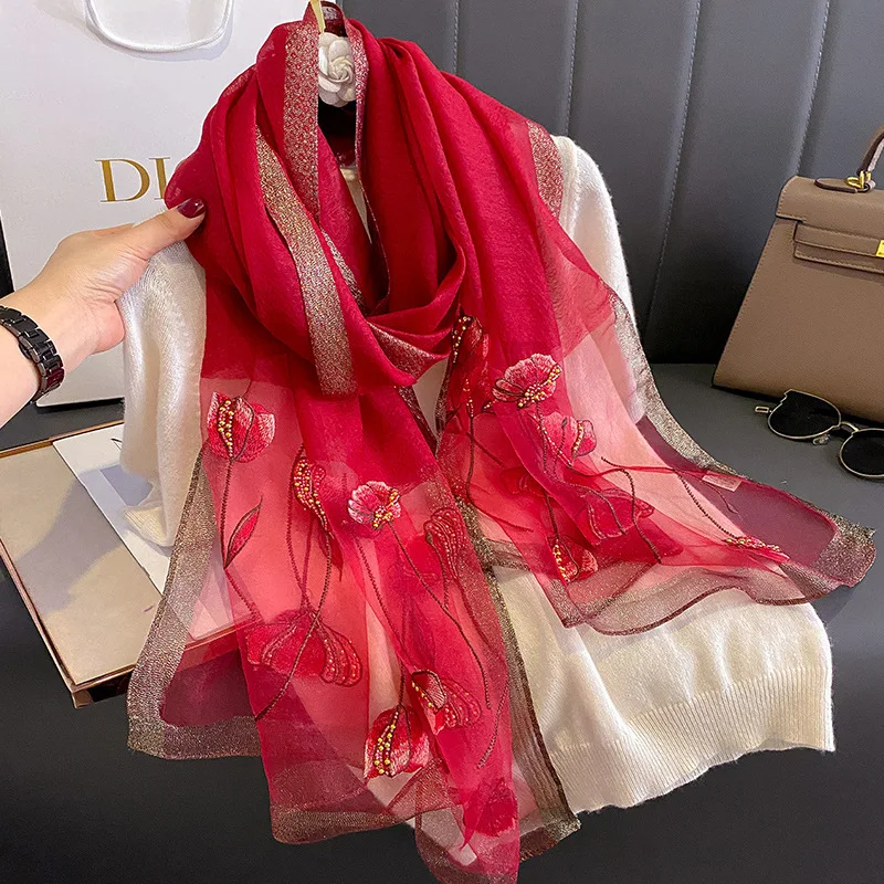 Ready to ship 2024 spring summer ladies silk wool blend scarves elegant floral Embroidery Silk Shawl Scarf for Weddings