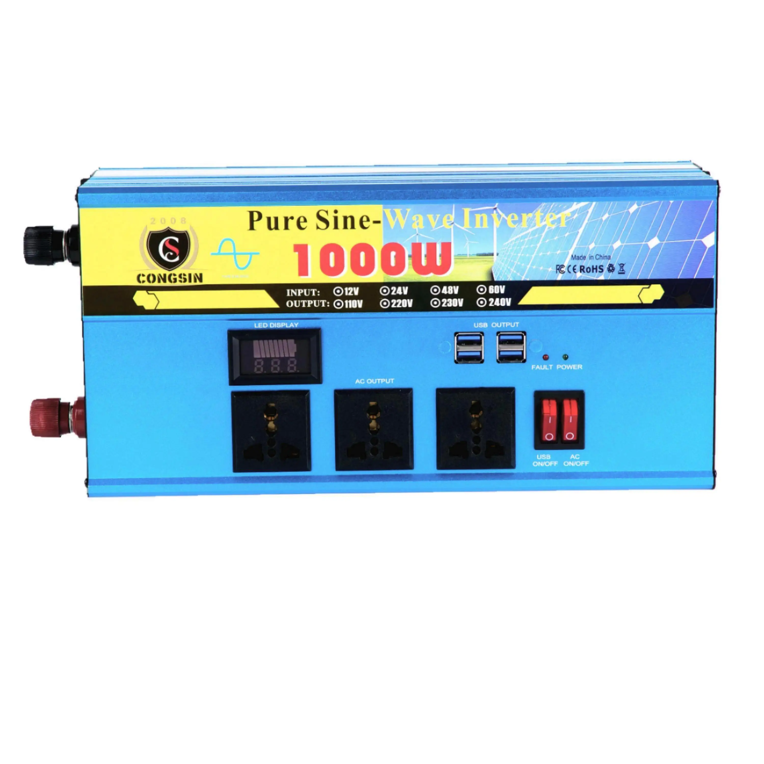 1000W Pure Sine Wave Inverter 12V 24V DC/AC 110V 220V Solar Inverter with 4 USB Ports 3 Sockets