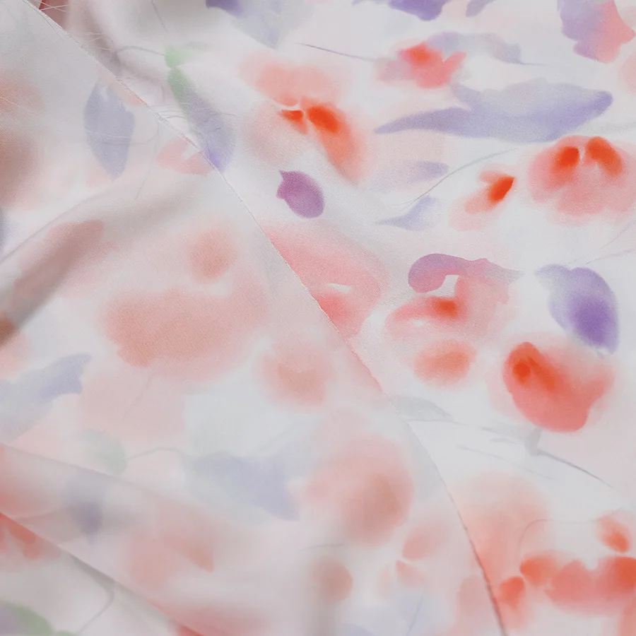 Summer Memories Satin Silk Printed Fabric Wash Painting Design Polyester Spandex Floral Fabric For Garment