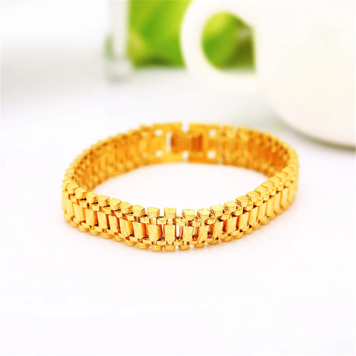 Fashion Chunky Link Chain Frosted Bracelet 24K Gold Plated Cuff Bangle Wristband Bangle Jewelry For Men