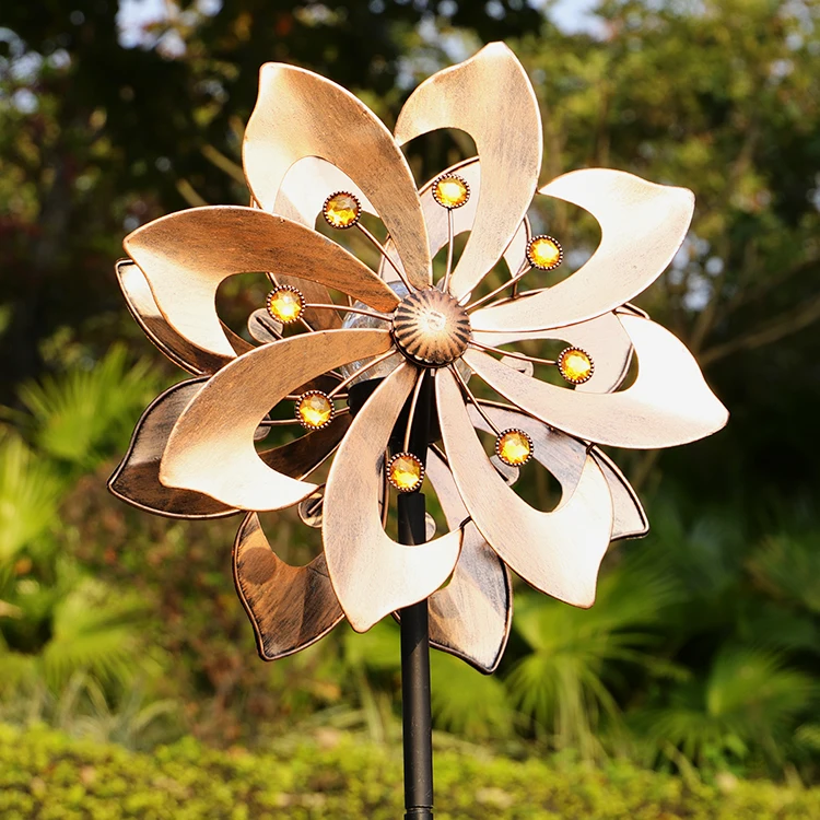 Outdoor Copper garden metal stake solar light kinetic 3d flower shape wind spinners