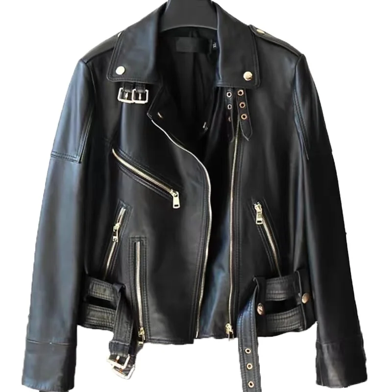Motorcycle leather jacket Leather jacket for women with short top layer of sheepskin to show thin leather