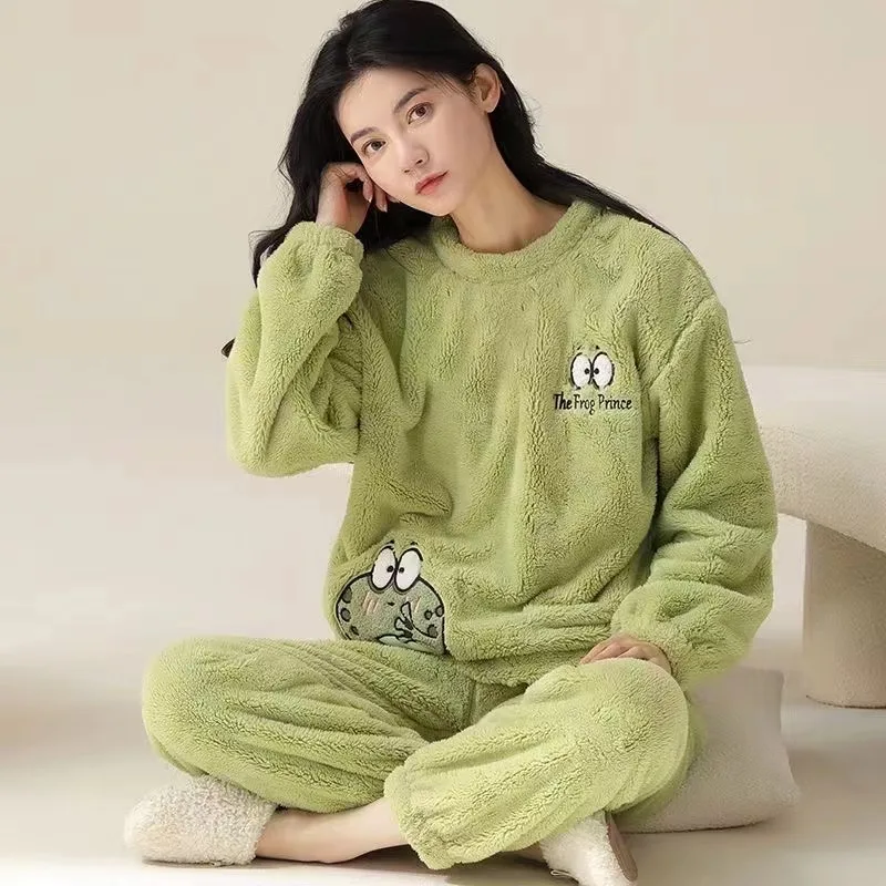 Factory Autumn and Winter Women Pyjamas Sets Thick Keep Warm Flannel Long Sleeve Female Cartoon Bear Animal Pants Sleepwear