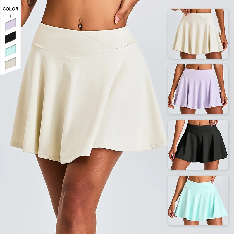 New Style Moisture Wicking Tennis Skirt The Abdomen Cross Belt  Lining Waist Top Sports Skirt