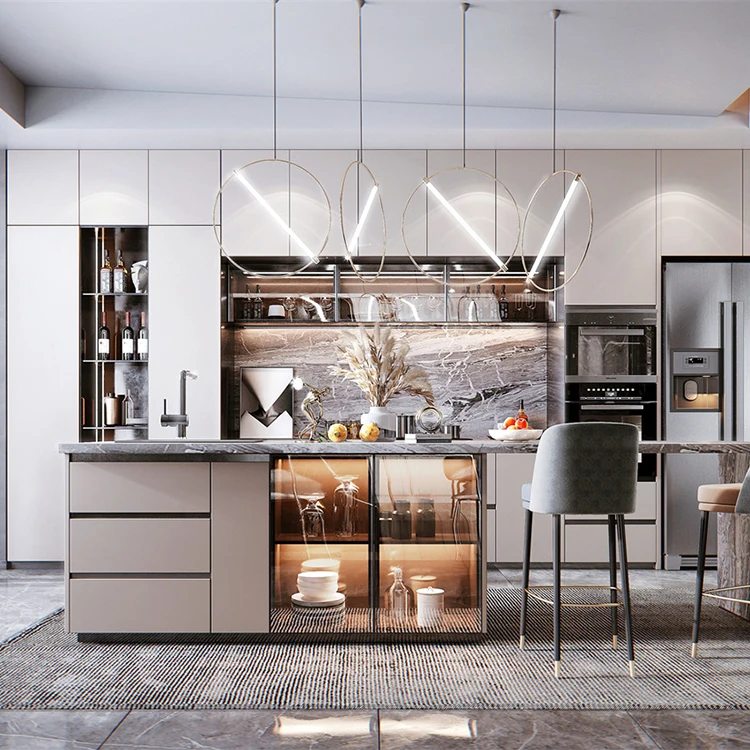 Modern High End Black Single-wall Bespoke Blue Matt Kitchen Cabinet With Large Island