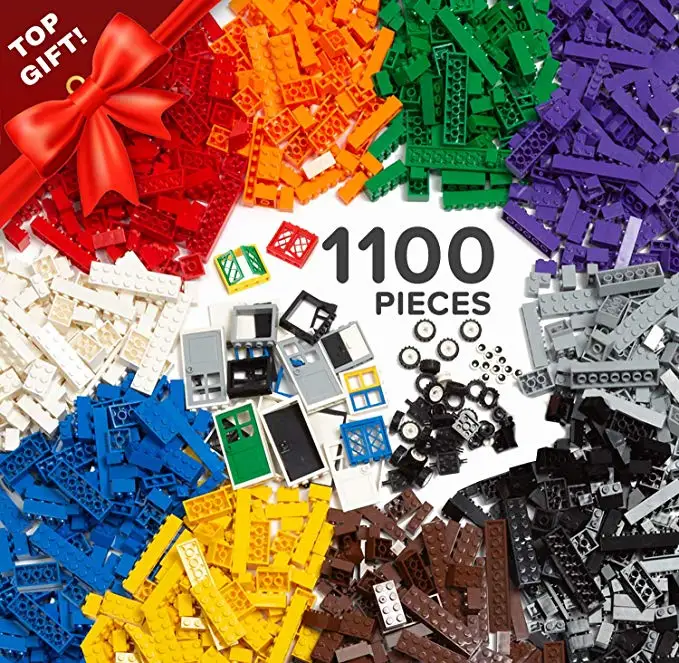 
1100Pcs Building Bricks Kit with Wheels, Tires, Axles, Windows and Doors Pieces - Classic Colors - Compatible with Legoinglys 