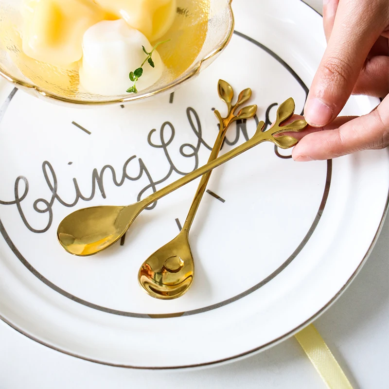 
Wholesale New Creative Leaf shape eco friendly metal gold spoon fork set 