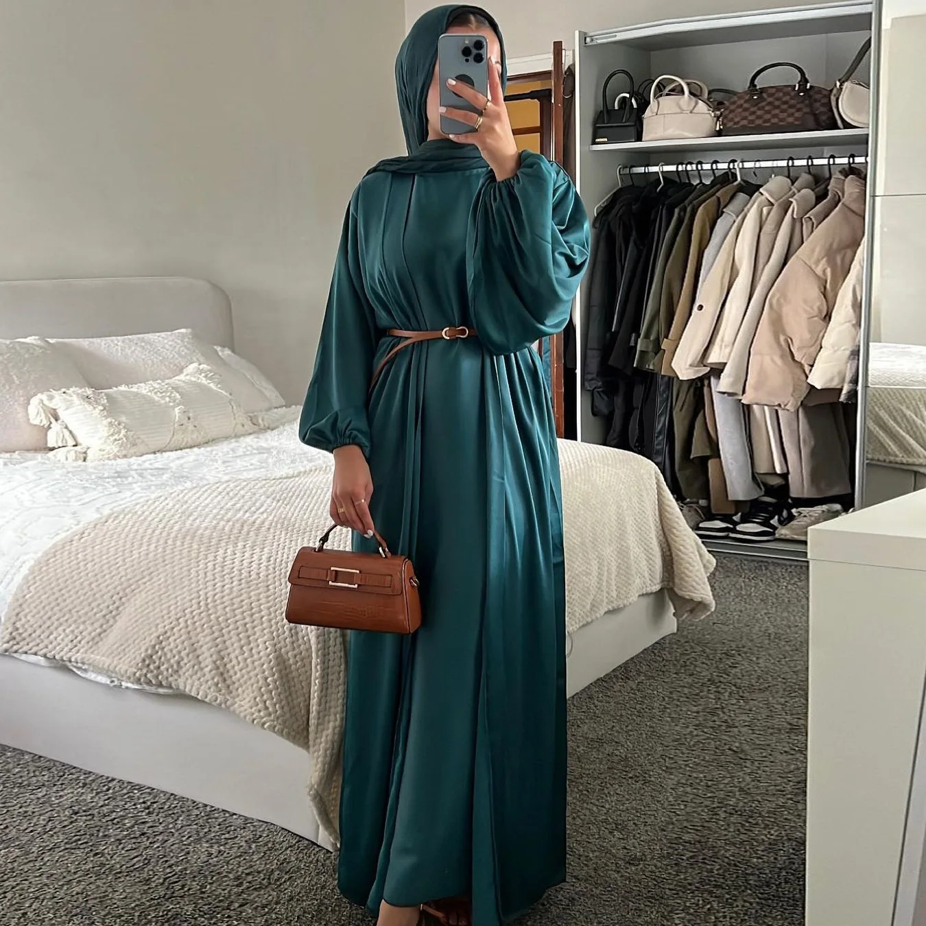 2 Piece Open Abaya Turkey Matching Muslim Sets Hijab Dress Eid Satin Abayas for Women Dubai Inner Dresses