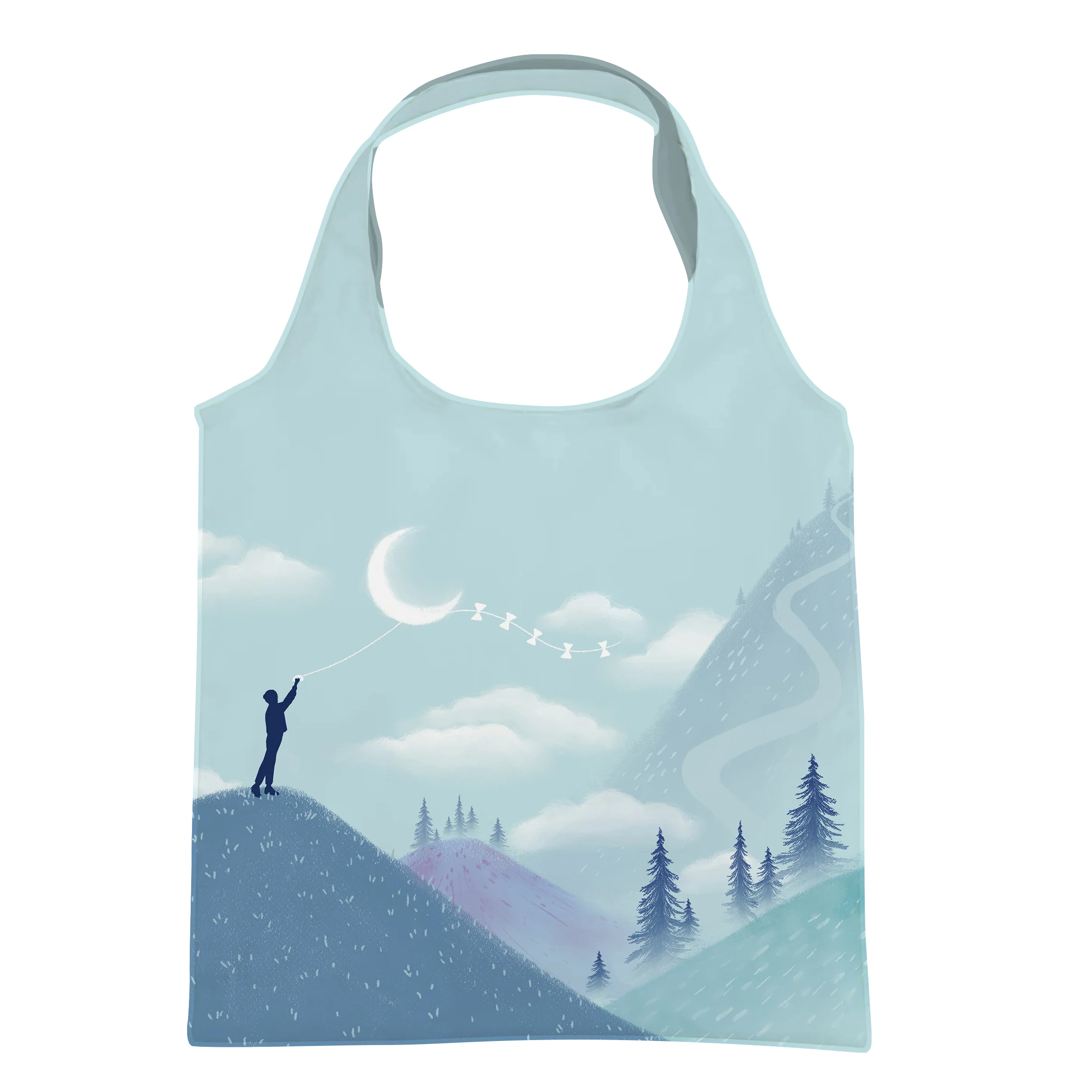 Customized Logo Sublimation Full Print Grocery Shopping 210T Nylon Foldable Bag With Small Pouch