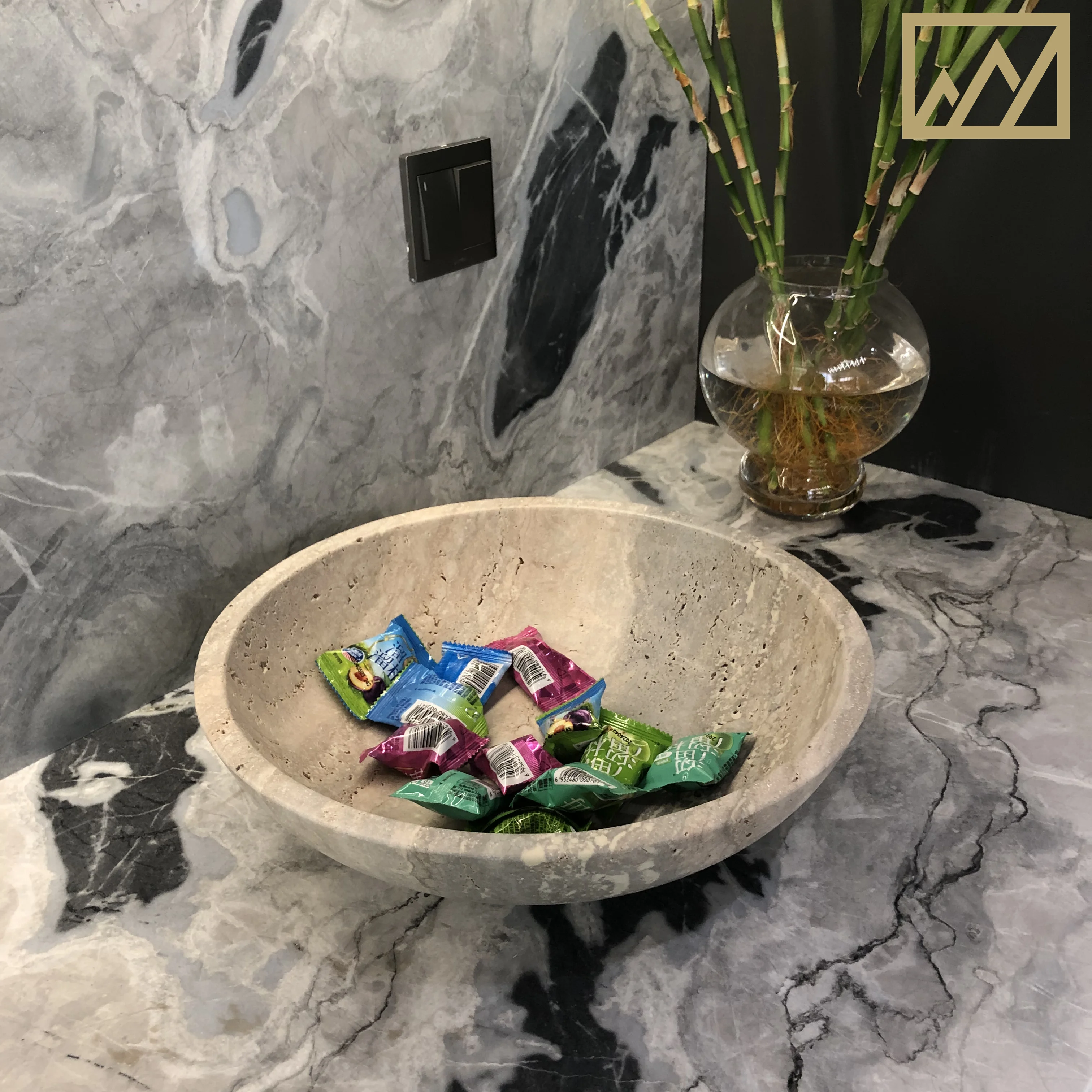 KINGS-WING Luxury Natural Marble Silver Travertine Custom Decorative Plates Bowl Furniture Decoration For Living Room 35x35x10cm