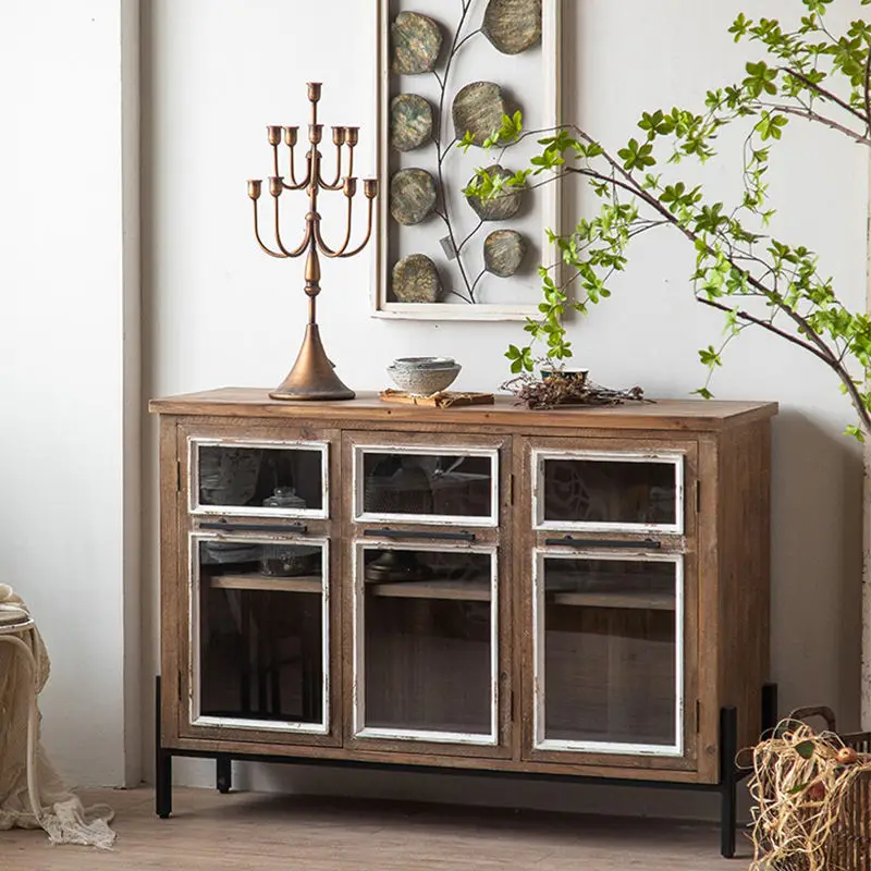 Essent Rustic Antique Wooden Hand Made Glass Door Sideboard Cabinet Retro Living Room Furniture
