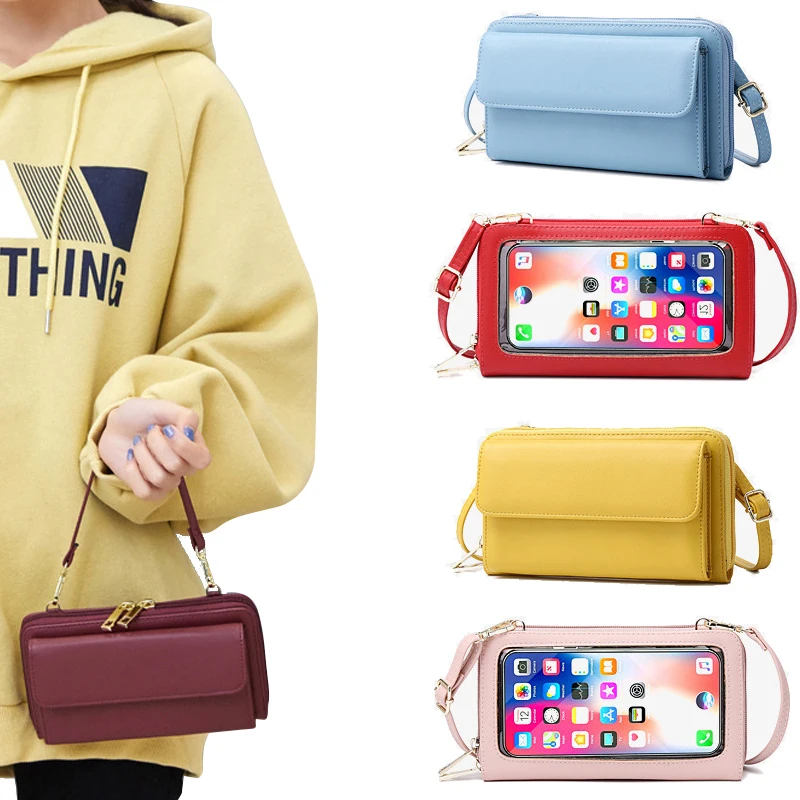 Custom PU Shoulder Bag Wallet Design OEM Logo Women Purse Card Holder Lady Crossbody Pouch Touch Screen Cell Mobile Phone Bags