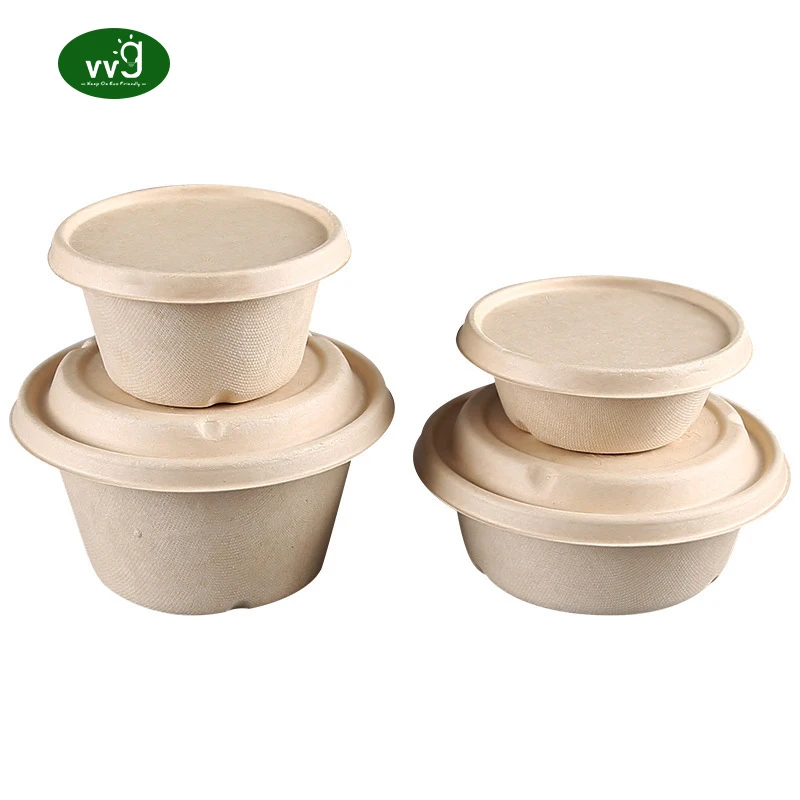 VVG pfas free 10/15/25/35oz sugarcane bagasse pulp food smoothie dessert ice cream serving bowls disposable with lids