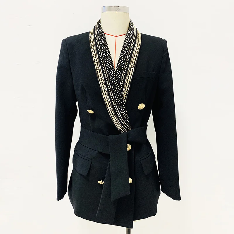 Fashionable new woman jacket metal sheet belt green fruit collar medium and long suit coat for women
