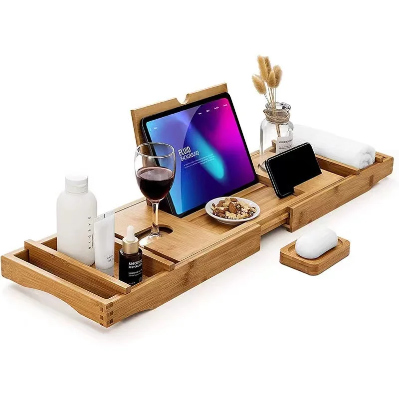 Bamboo Bath Tub Tray Bathroom Extendable Bridge with Holder for Candle Wine Glass Book Bathtub Rack Caddy Tray