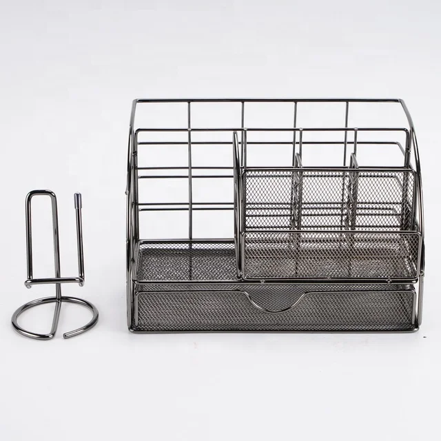 Home School Office Metal Mesh Desktop Desk Organizer with 6 Compartments Sliding Drawer Makeup Tool Storage