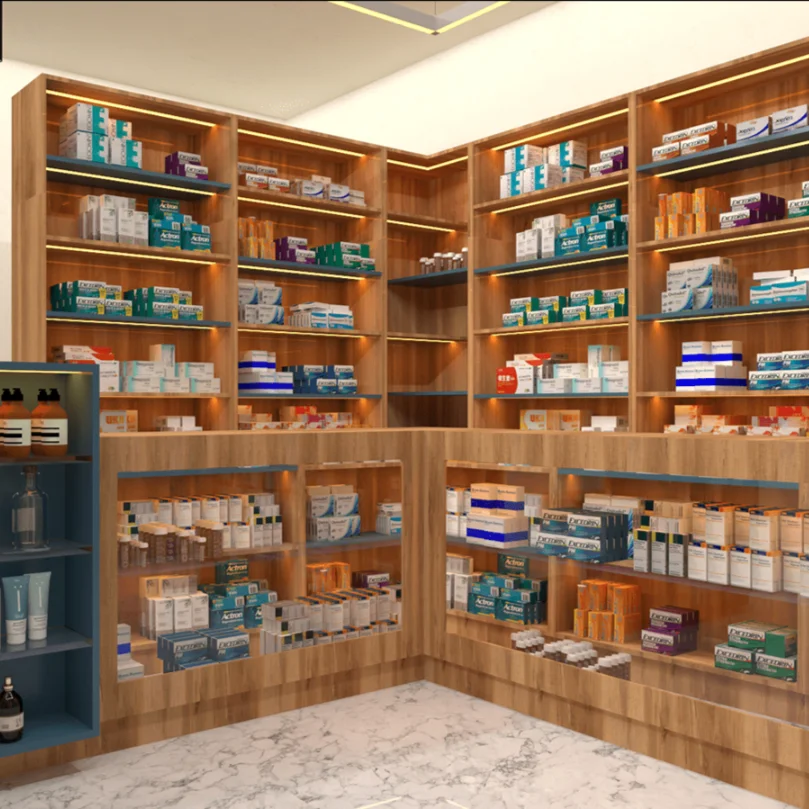 Medical Store Pharmacy Shop Retro Custom Design Wooden Standing Pharmacy Display Shelves Showcase