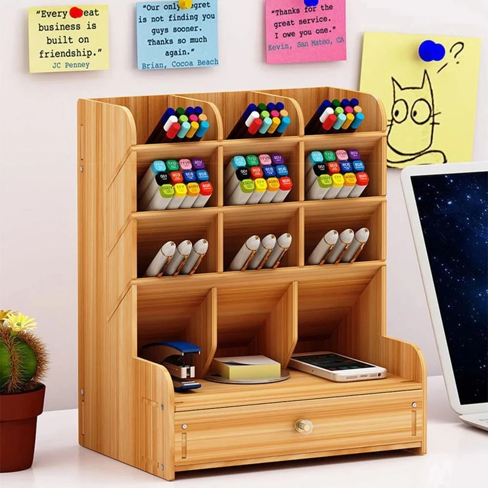 Office home Desk Organizer Desktop Pen Pencil Holder Container Storage Box Portable with Drawer