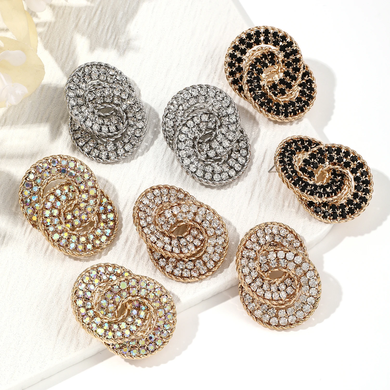 Designs Double C double-layer interlocking water diamond round retro luxury full diamond celebrity street photo earrings