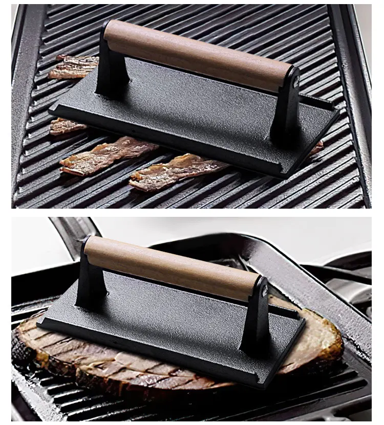 Custom Wood Handle Hamburger Patty Maker Metal Meat Press Stuffed Steak Burger Press Bacon Presser BBQ Cast Iron Grill Press