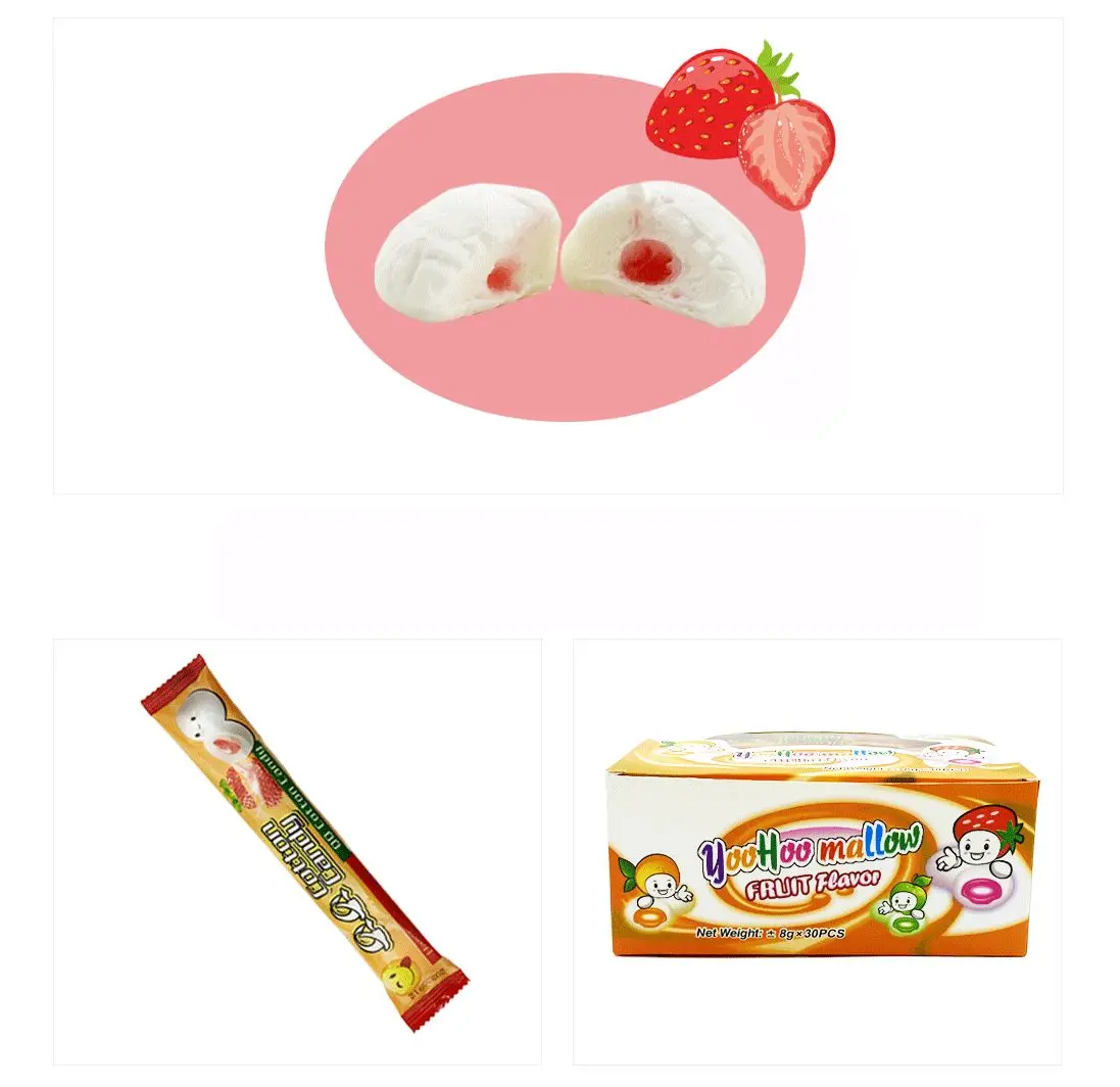 Wholesale Halal Dessert Snacks Filled Marshmallow Fruit Soft Candy Malvaviscos