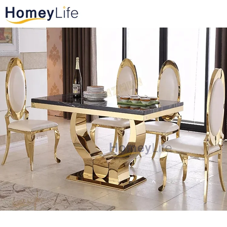 Morden marble dining table marble top dining table set simple gold legs dining table set 6 seater