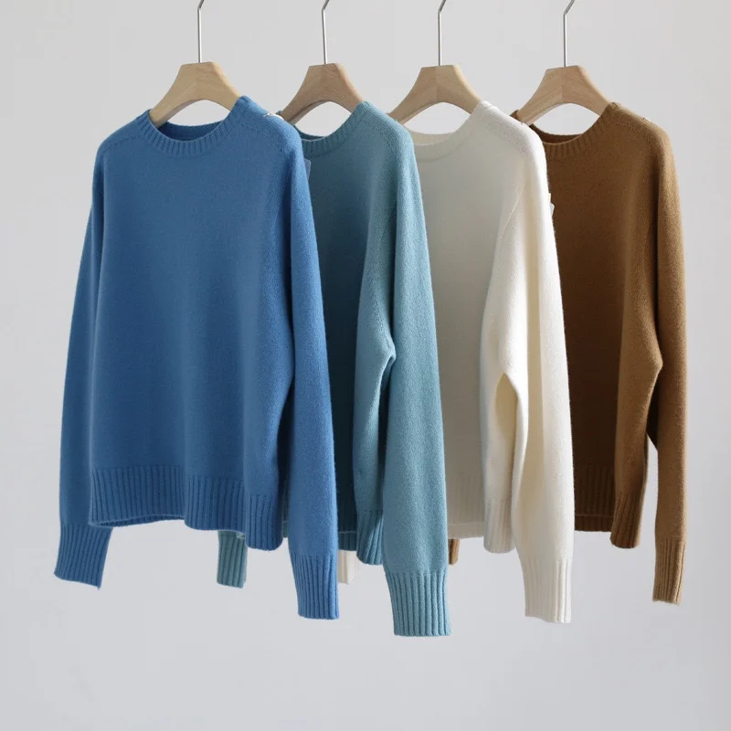 350G 100% Wool Winter 12-pin Round Neck Seamless Sweater Loose Solid Color Pullover Top Long Sleeved Thickened Knitted Sweater