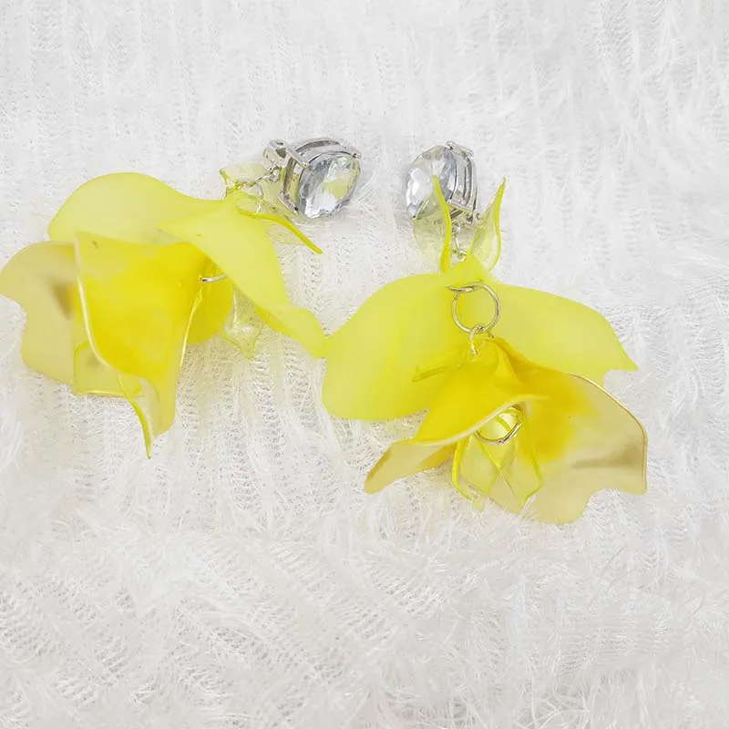 Wholesale Spring Neon Cascading Petals Statement Clip Earrings With Square Glass Stone Women Fashion Jewelry