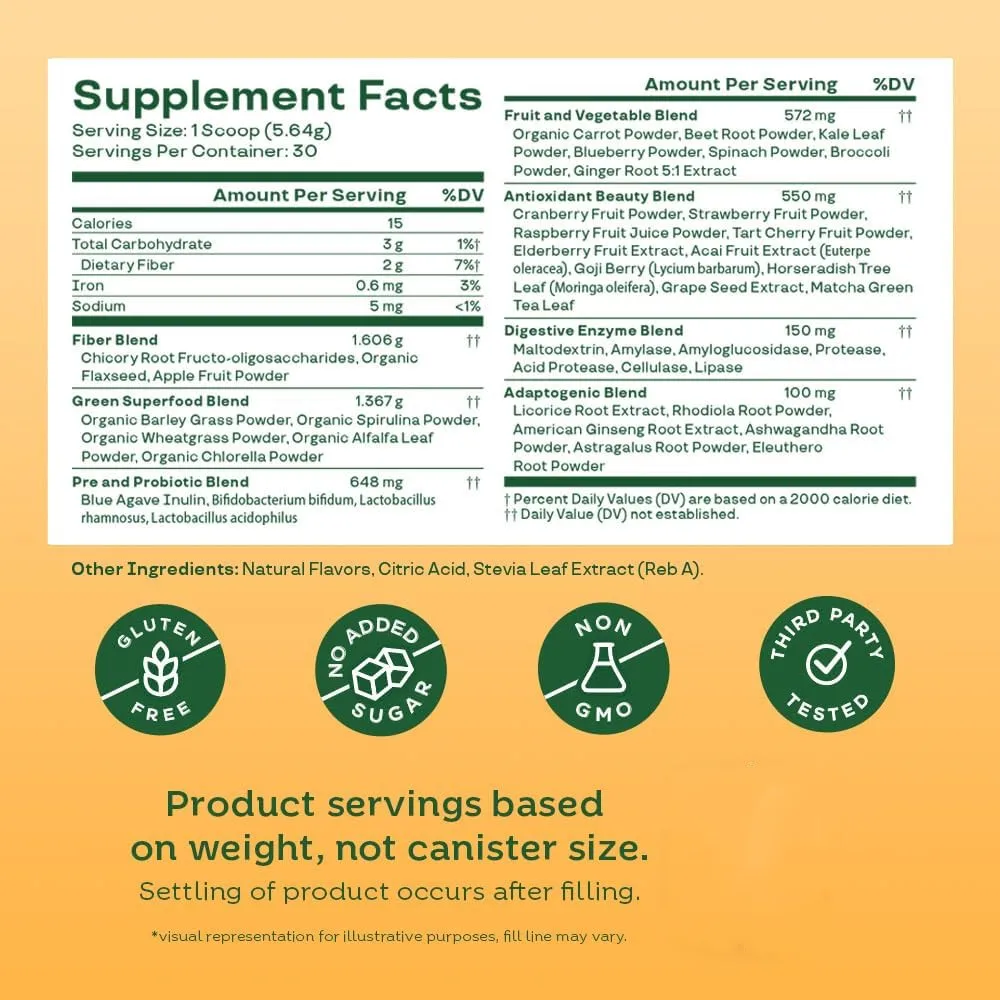 Hot Sale OEM Superfood Greens Powder with Probiotics and Prebiotics Gut Health Chlorella, Green Juice