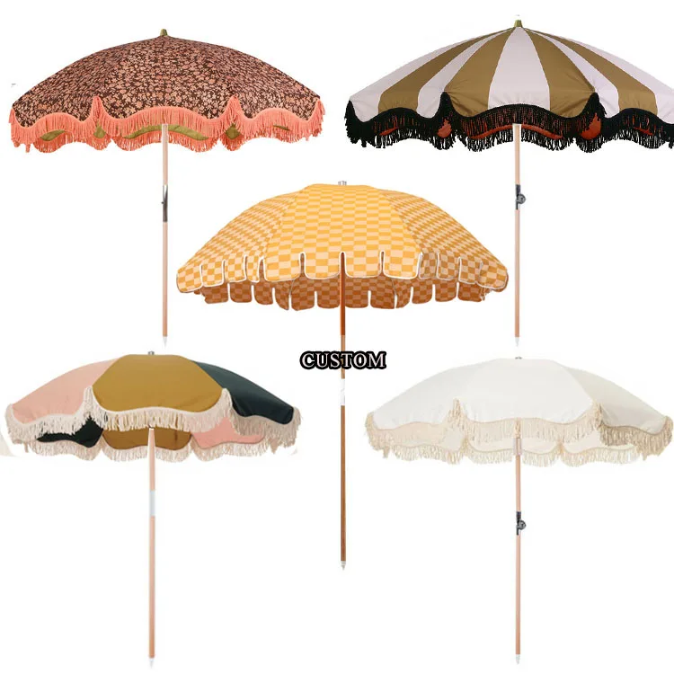 Wholesale Custom 2m Vintage Wooden Pole Patio Sun Parasols Garden Outdoor Beach umbrella with Cotton Tassels, uv50+ canvas, Bag