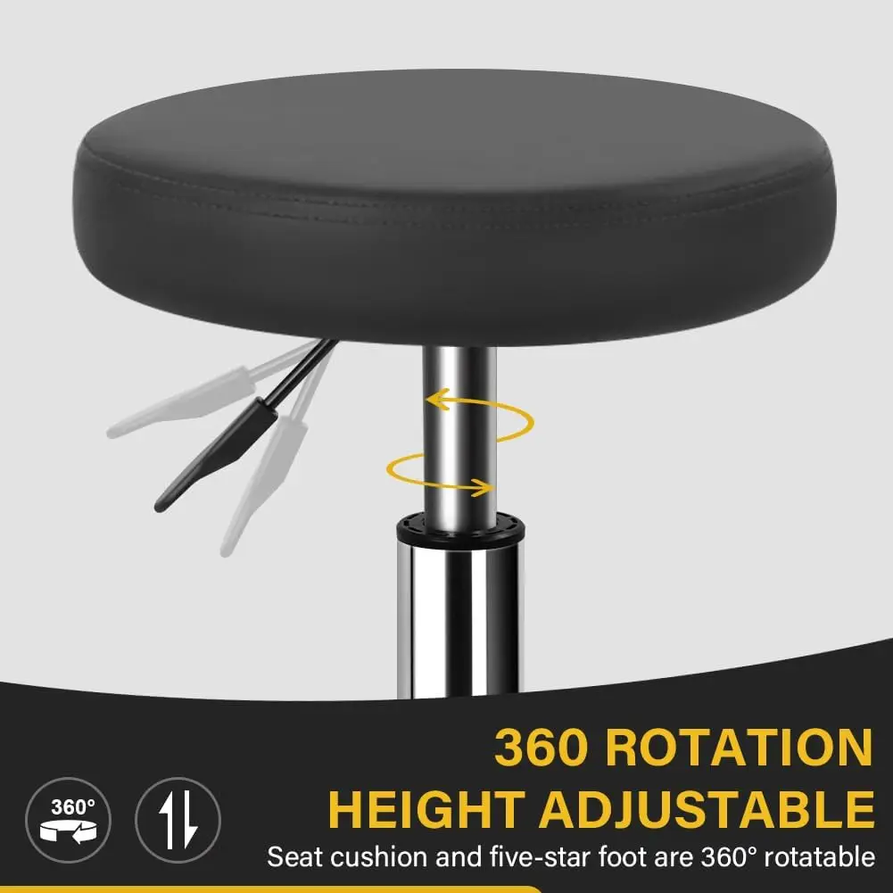 Round Rolling Stool with Footrest PU Leather Height Adjustable 360 Swivel Stool with Wheels Office Stool Chair
