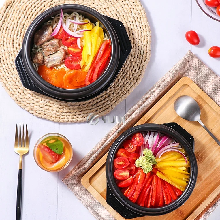 Wholesale black ceramic soup pots dolsot bibimbap ramen casserole stone bowl with tray