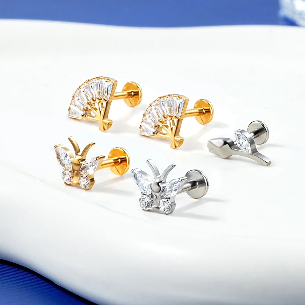 100 Sku Factory Price Stainless Steel Titanium Hypoallergenic Ear Stud with Zircon Conch Lobe Labret F136 Titanium Piercing