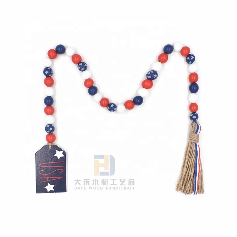 Wholesales 4th of July Red White Blue Patriotic Wood Bead Garland with Tassels USA Tag for Independence Day Decoration Memorial