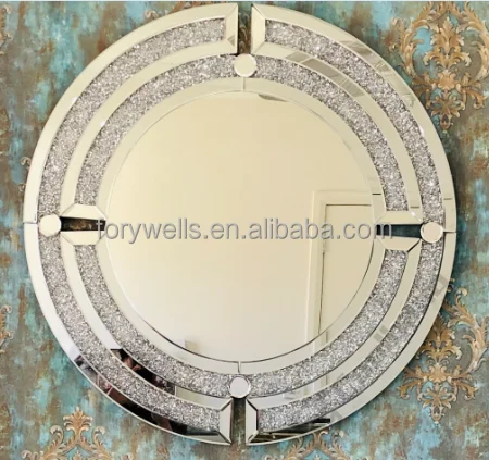 Modern Round Minimalist Crushed Diamond Decorative Wall Mirror Home Decor For Living Room Bedroom