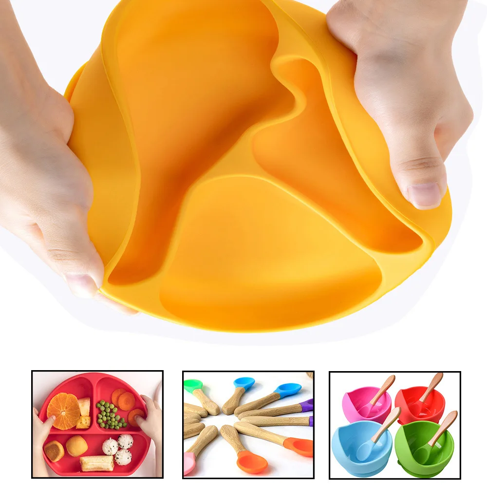 Upward Baby Led Weaning Utensils Set Silicone Suction Baby Bowl with Spoons Bibs Plate Placemat Silicone Baby Feeding Set Plates