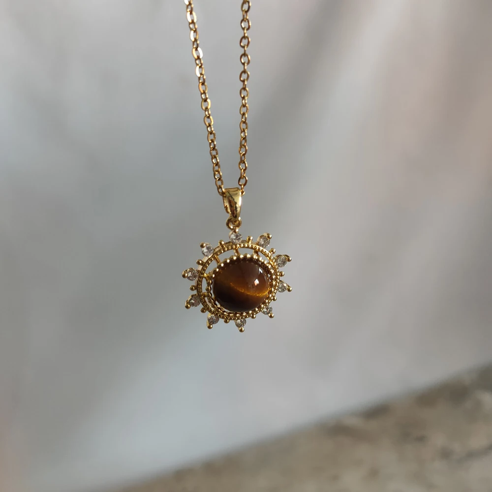 Dina Fashion Vintage Sun Flower Pendant Necklace Tiger Eyes zircon Stone Charm Women Jewelry Simple Dainty Chain Brown Necklace