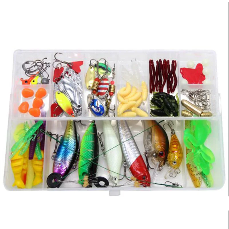 101pcs/set fishing tackle gear artificial crankbait minnow popper vib hard and soft fishing lure set bait kit