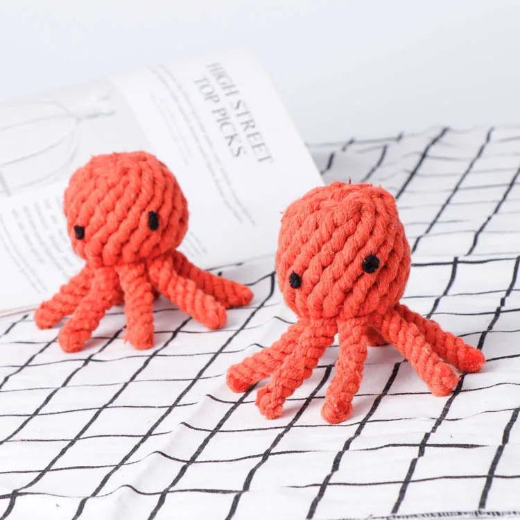 Custom Handmade Alien Cute Animal Shape Plush Soft Handmade Woven Cotton Cord Squeaky Dog Play Chewing Toy