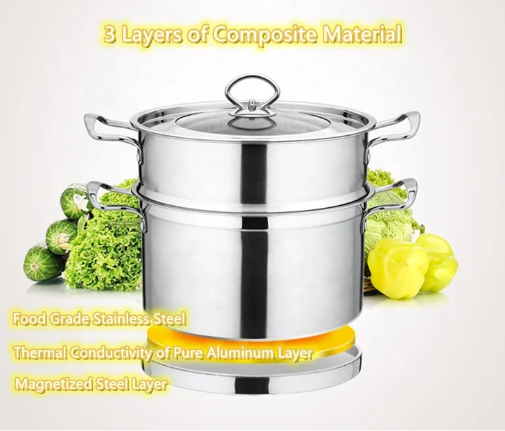 stainless steel double layer multi-purpose food steamer with glass lid cookware steel handle soup pot suit