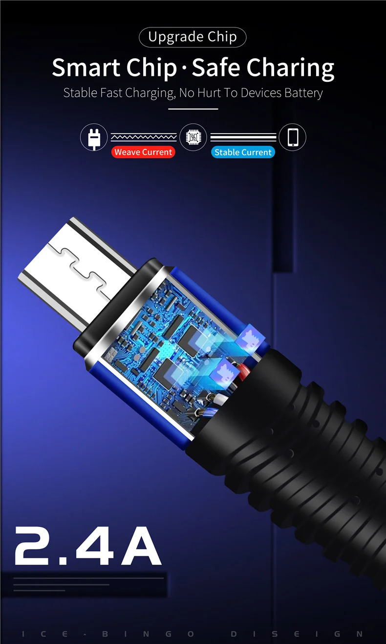 Mermaid Longer Tensile 2.4A Fast Charging Optional I6, V8 or Type-C Connectors USB with Data Transfer Cable