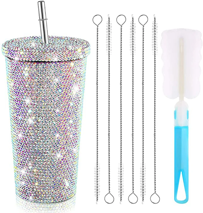 Bling Rhinestone Diamond Tumbler Glitter Water Bottle with Lid Stainless Steel Vacuum Thermal Straw  fancy vacuum tumbler