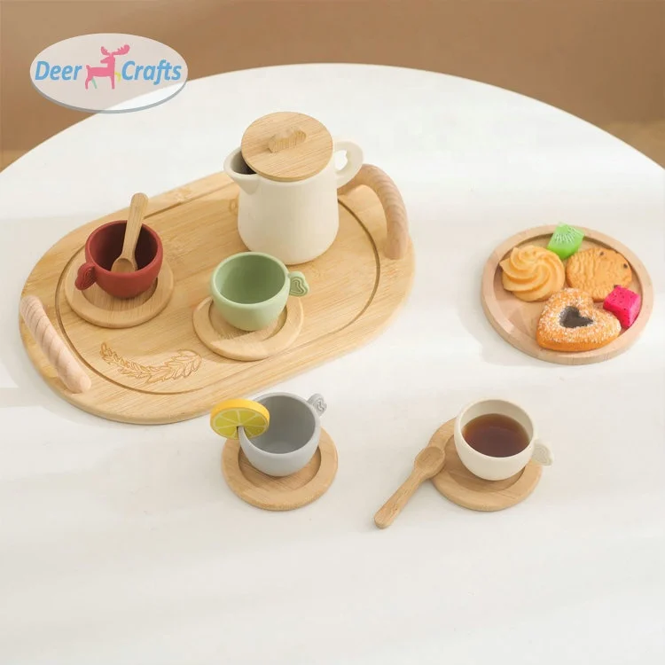 Popular Play House Kitchen Accessories Wooden Afternoon Tea Toy For Kids DD10841
